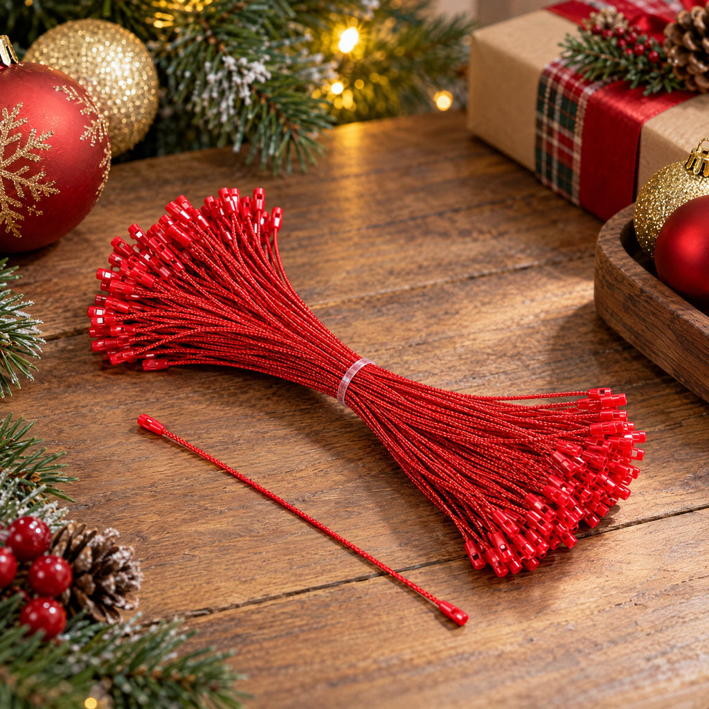 Set of 100 Red Christmas Ornaments Cords Strings Hangers 7.9 Inches