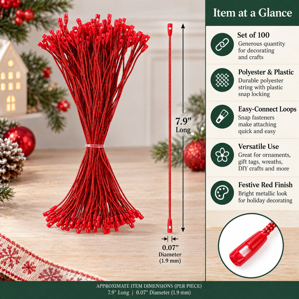 Set of 100 Red Christmas Ornaments Cords Strings Hangers 7.9 Inches