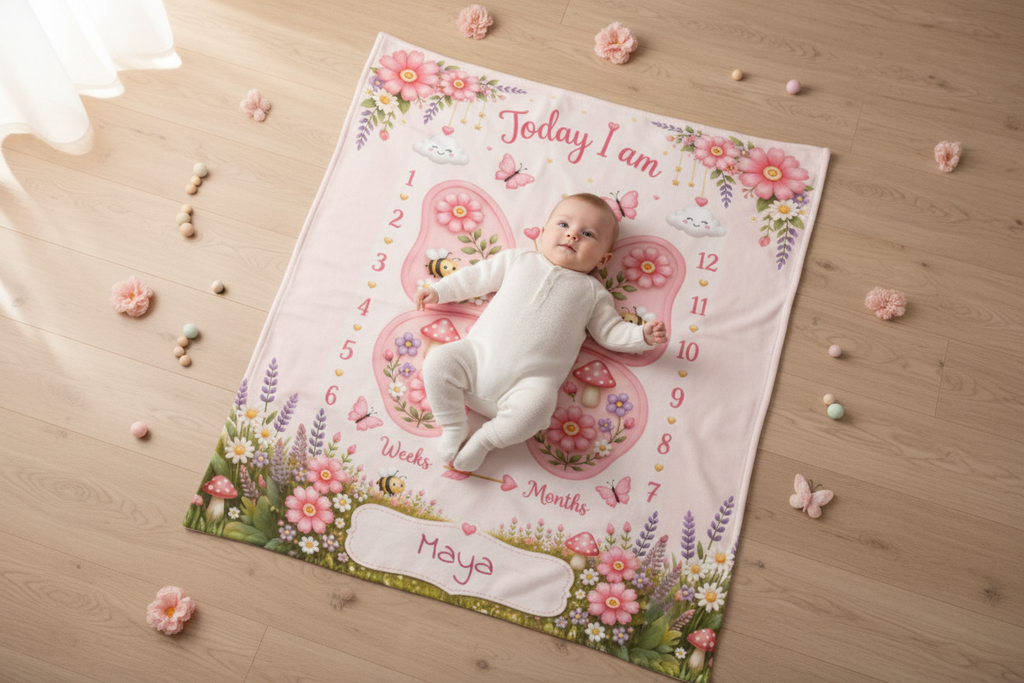 Personalized Baby Weekly & Monthly Milestone Blanket – Photoshoot Prop with Butterfly Garden Design
