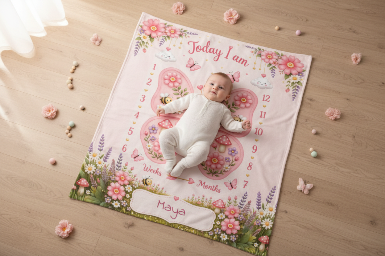 Personalized Baby Weekly & Monthly Milestone Blanket – Photoshoot Prop with Butterfly Garden Design