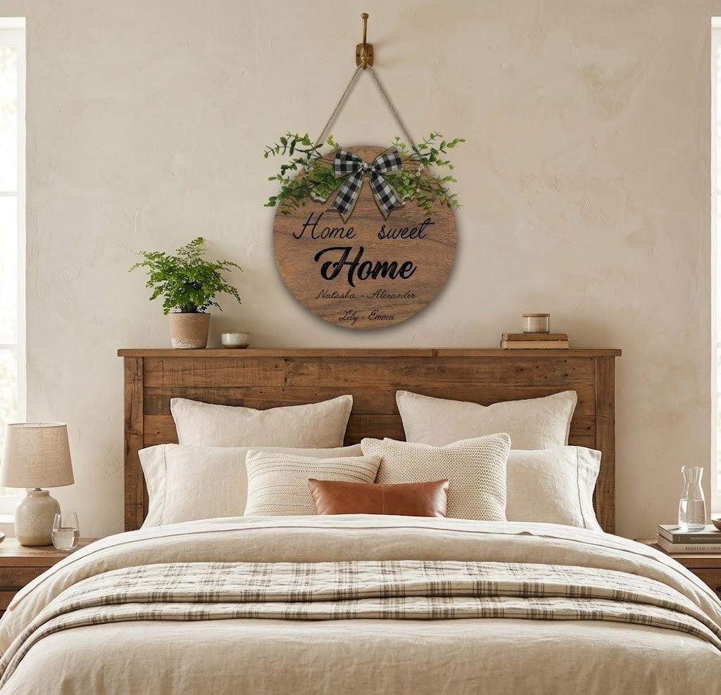 Home Sweet Home Round Wooden Sign — Personalized with Your Names - With Linen Lanyard, Bow & Branch