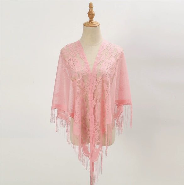 Womens Breathable Lace Triangle Shawl With Floral Design