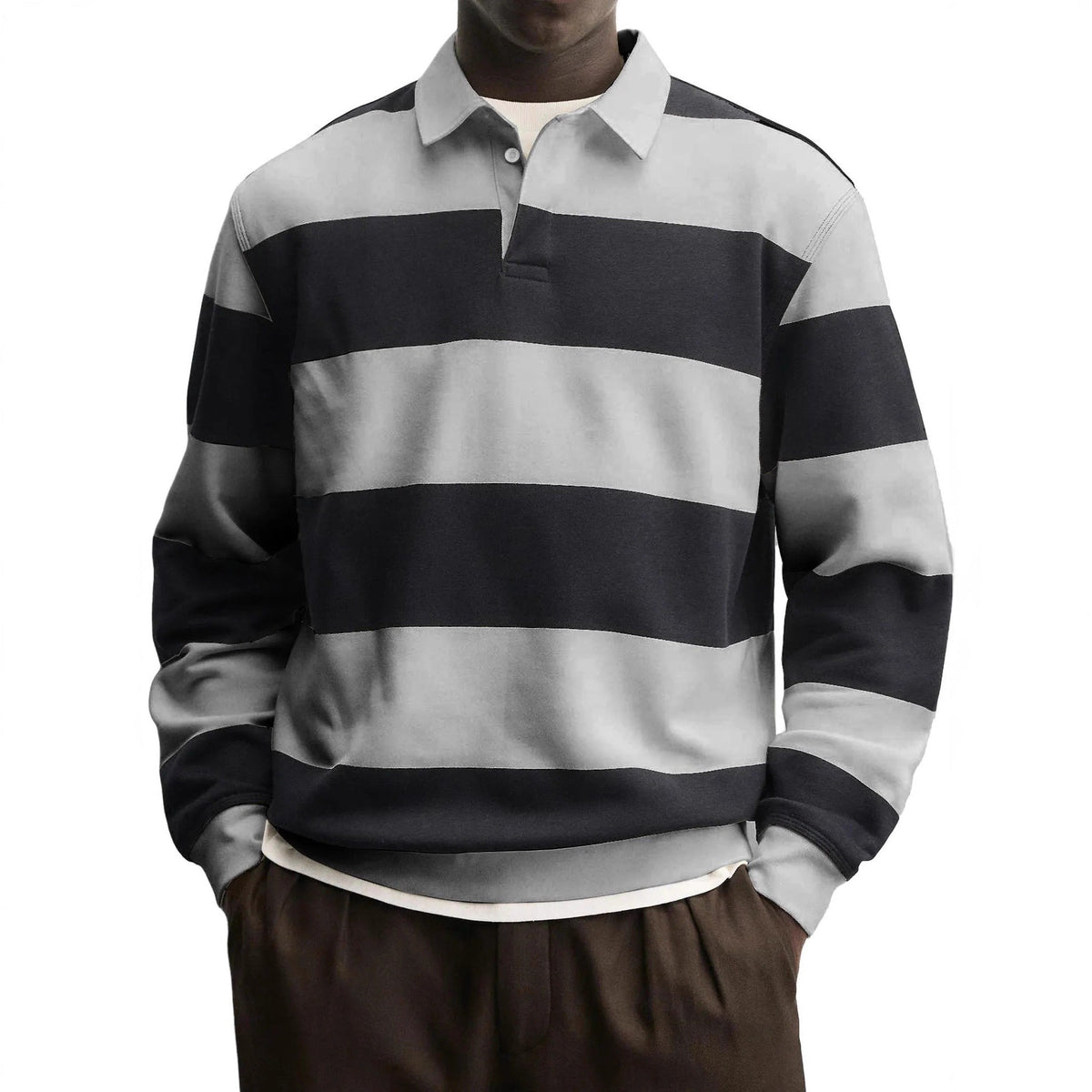 Mens Loose-collar Long-sleeved Striped T-shirt