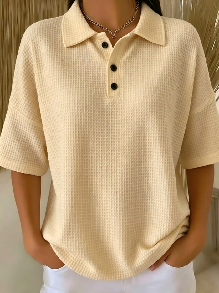 Cross-Border  Foreign Trade Fashion Waffle Short-Sleeved T-Shirt Solid Color Button T-Shirt Polo Collar Pullover Loose Top