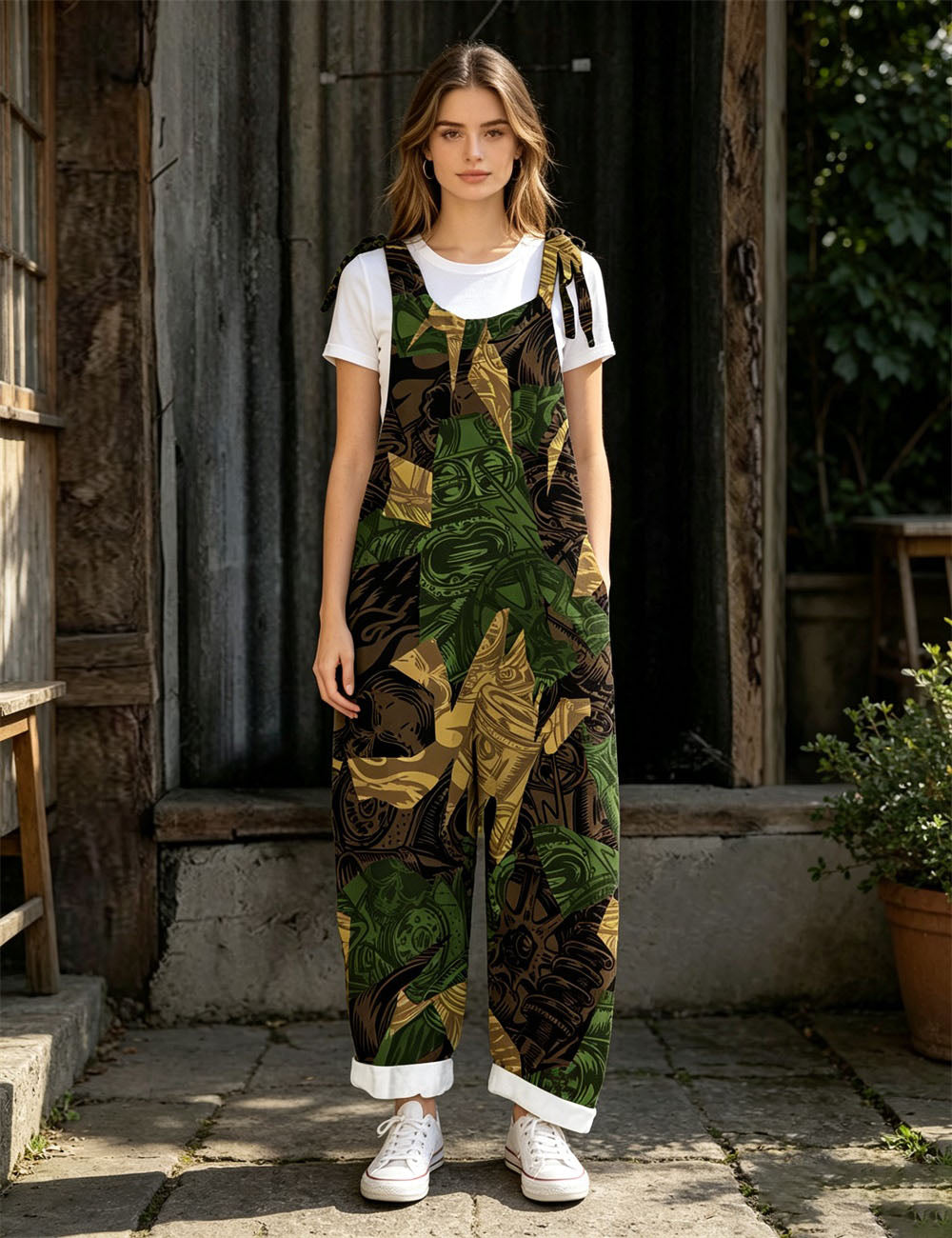 Women Green White Checkerboard Tie Strap Overalls, Loose Wide Leg Casual Jumpsuit With Pockets