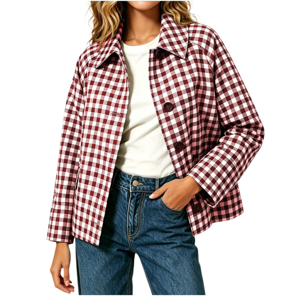 Womens Color-Block Plaid Casual Coat