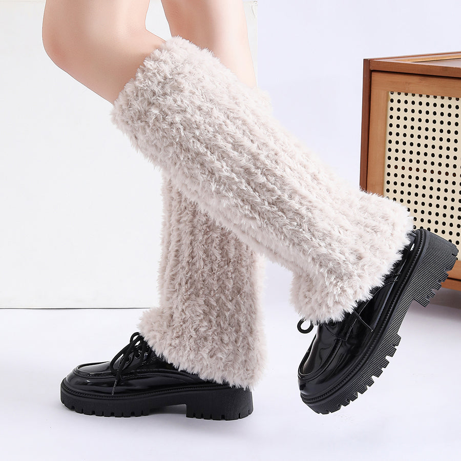 Autumn Winter Solid Knitted Fuzzy Sock Covers Women Thickened Warm Y2K Style Fleece-Lined Fluffy Fur Leg Warmers Calf Socks Pair