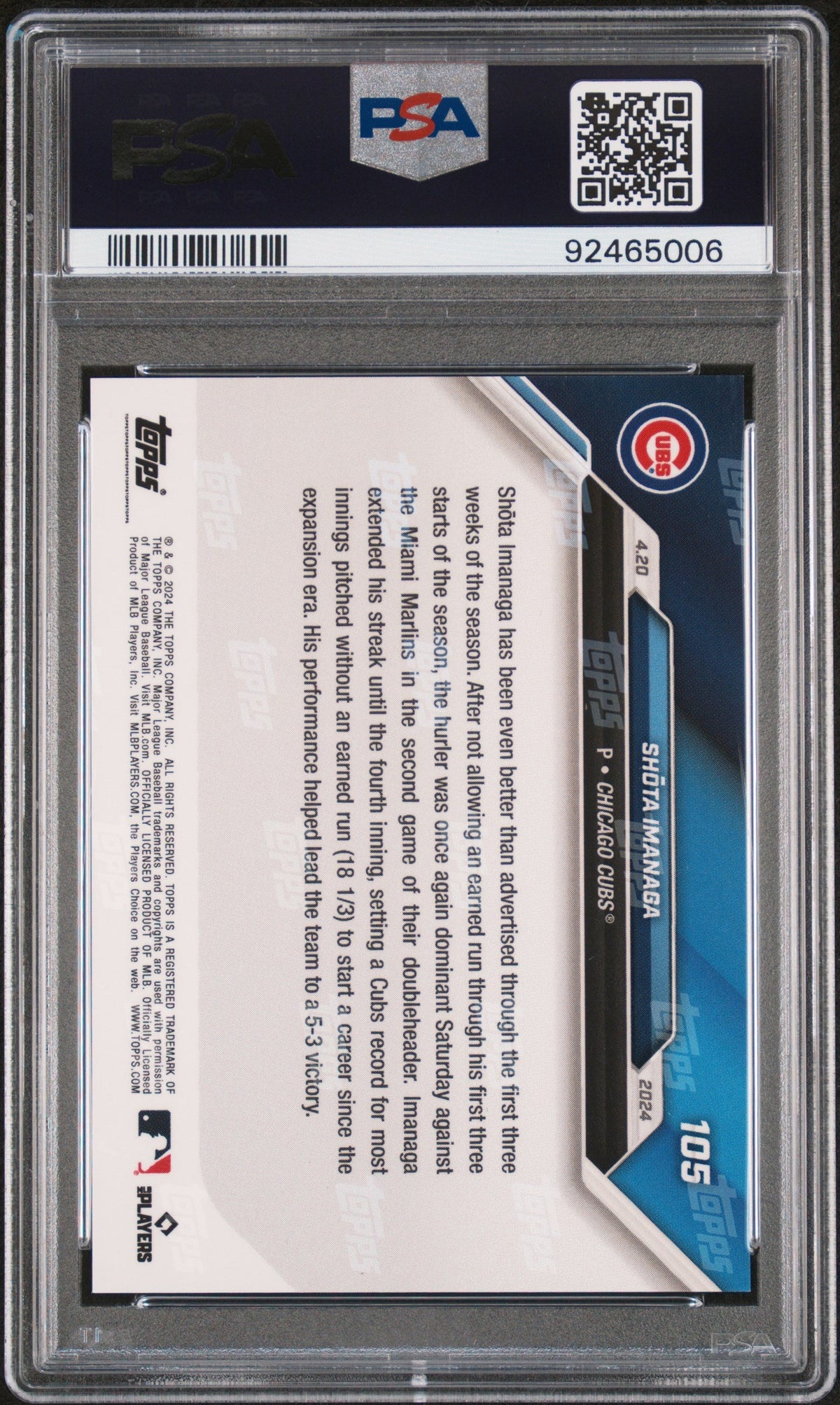 Graded 2024 Topps Now Shota Imanaga #105 Blue /49 Rookie RC Baseball Card PSA 10 Gem Mint