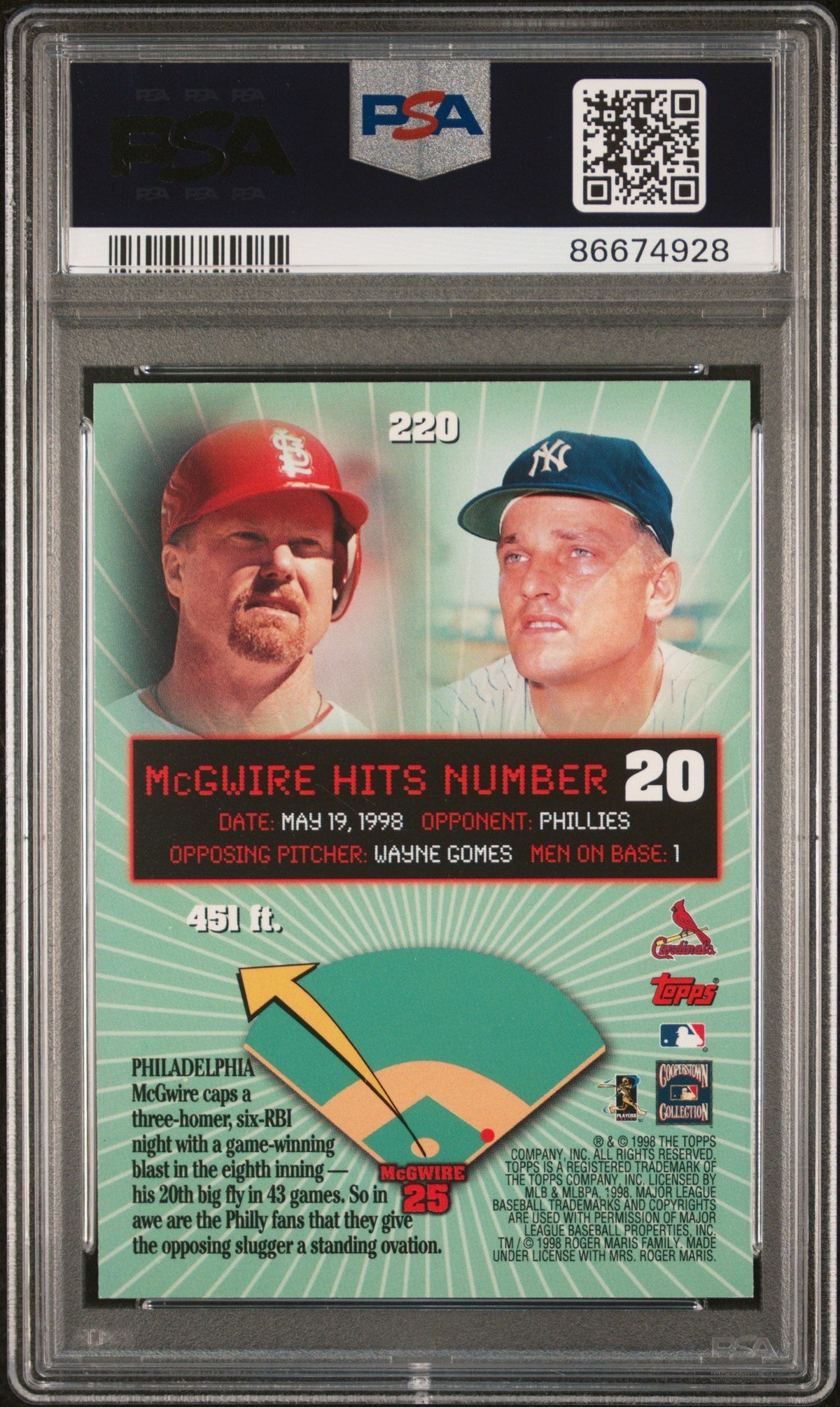Graded 1999 Topps Mark McGwire #220 Home Run #20 Baseball Card PSA 7 Near Mint