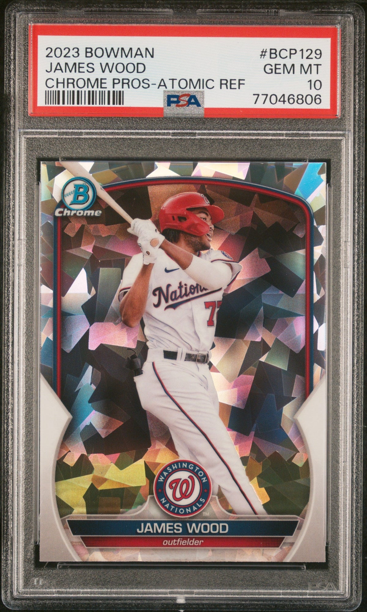 Graded 2023 Topps Bowman James Wood #BCP129 Chrome Prospects Atomic Refractor Rookie RC Baseball Card PSA 10 Gem Mint
