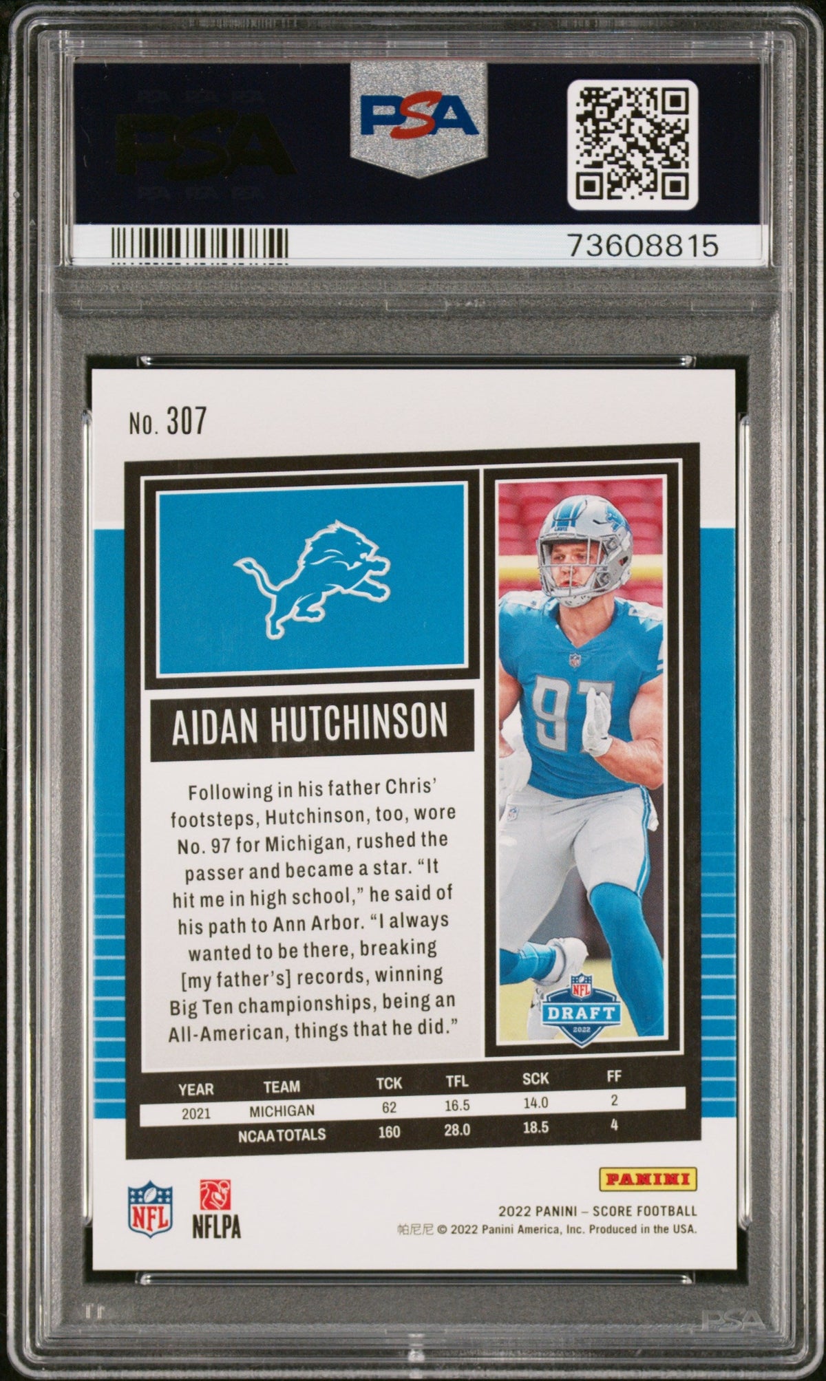 Graded 2022 Panini Score Aidan Hutchinson #307 Stars Rookie RC Football Card PSA 10 Gem Mint