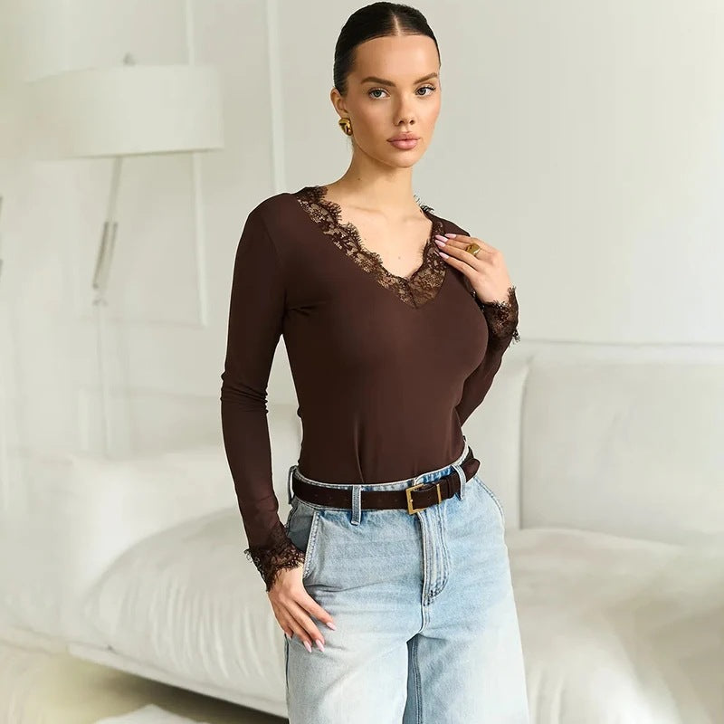 Y25Tp428 European And American Cross-Border Women's Clothing Autumn Amazon New V-Neck Lace Patchwork Waist-Revealing Crop Top