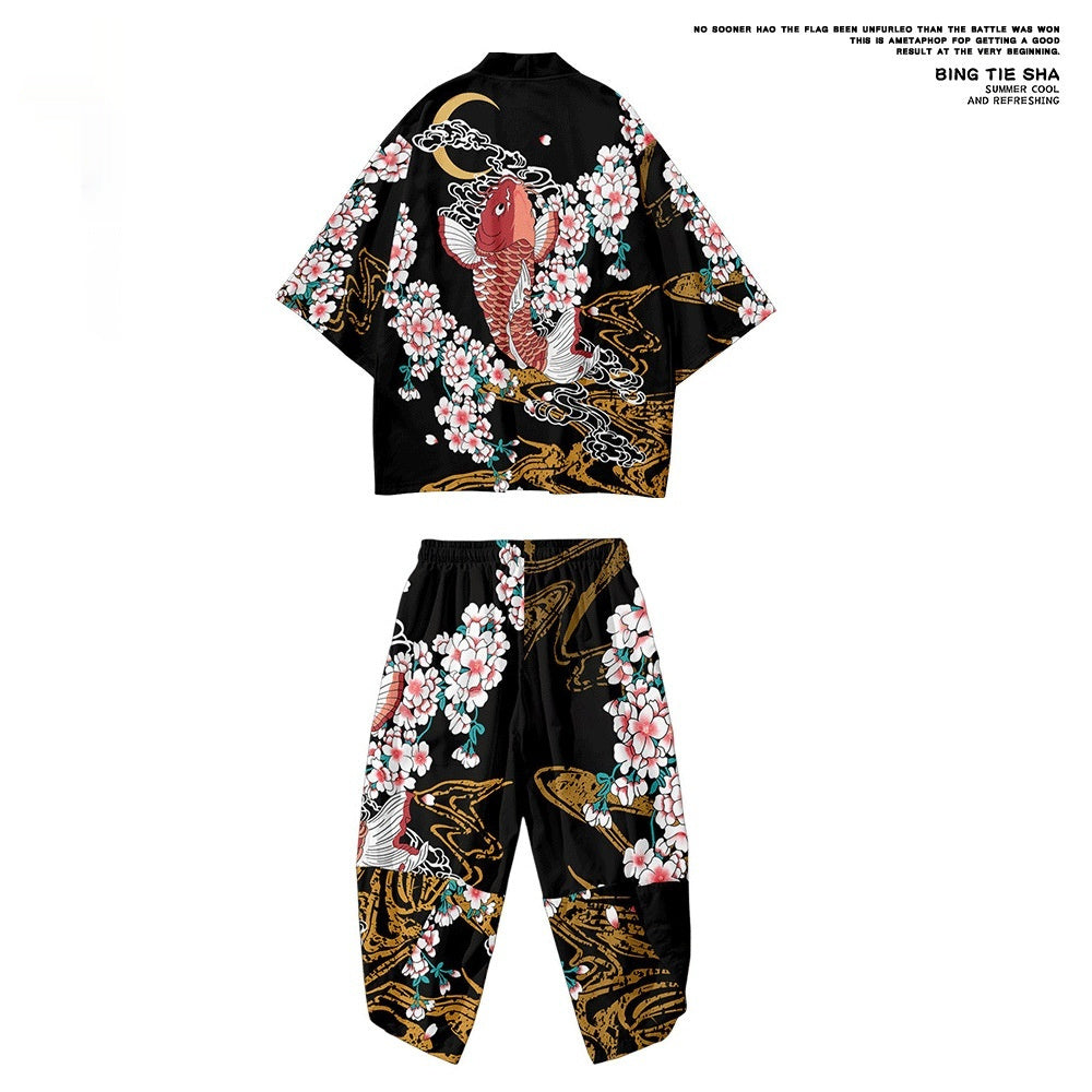 Koi Digital Printing Japanese Harajuku Kimono Robe Cloak Cropped Pants Set