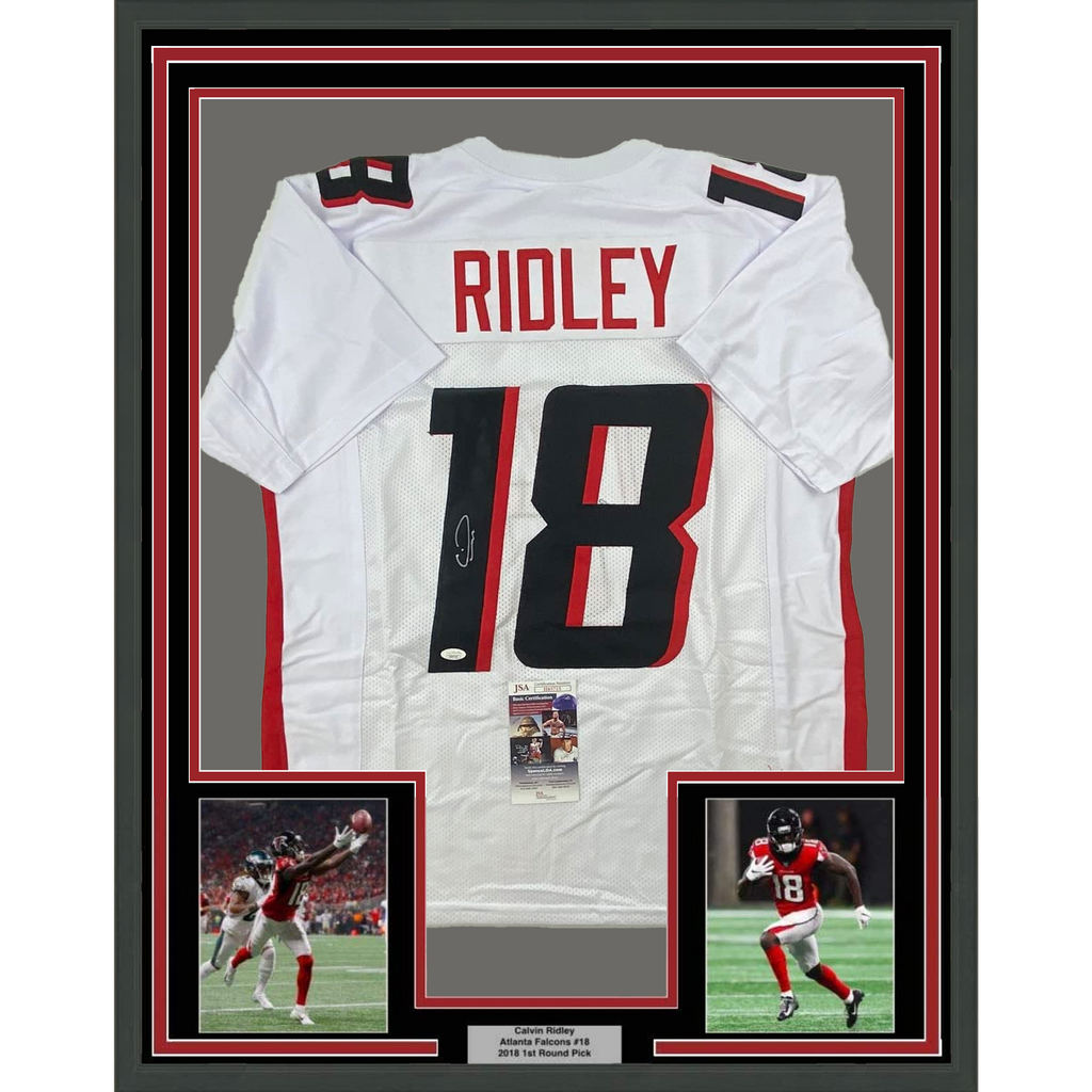 Framed Autographed/Signed Calvin Ridley 35x39 Atlanta White Football Jersey JSA COA
