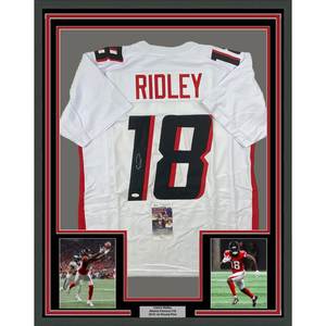 Framed Autographed/Signed Calvin Ridley 35x39 Atlanta White Football Jersey JSA COA