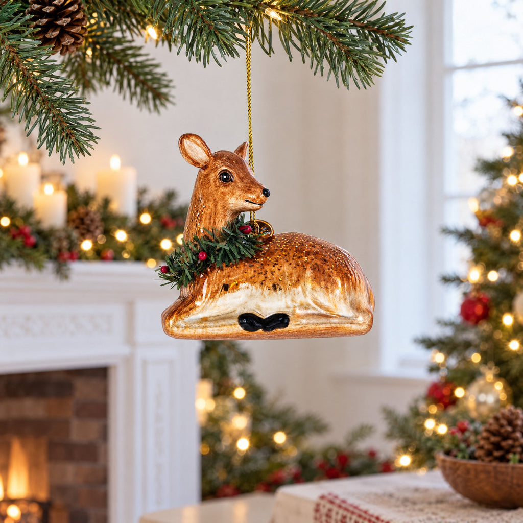 Deer with Wreath Glass Christmas Ornament