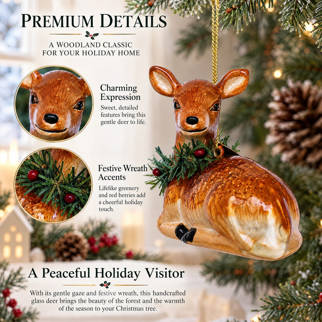Deer with Wreath Glass Christmas Ornament