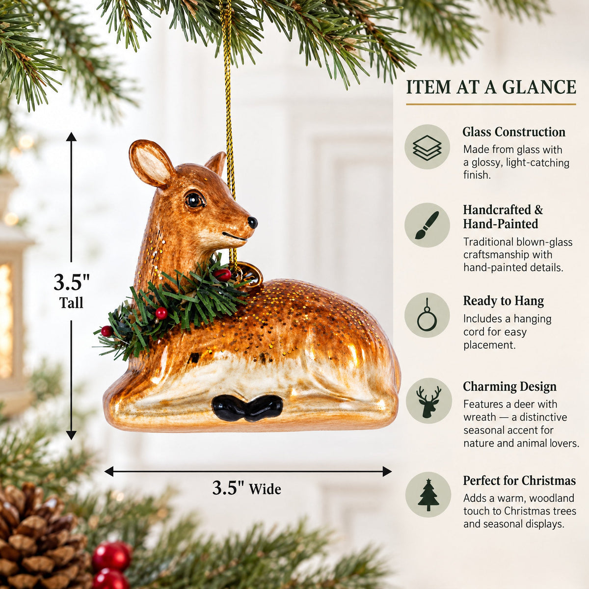Deer with Wreath Glass Christmas Ornament