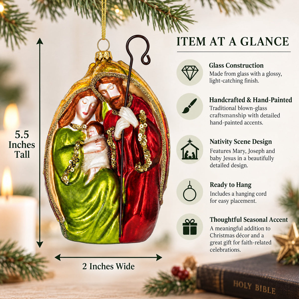 Nativity Scene Glass Christmas Ornament