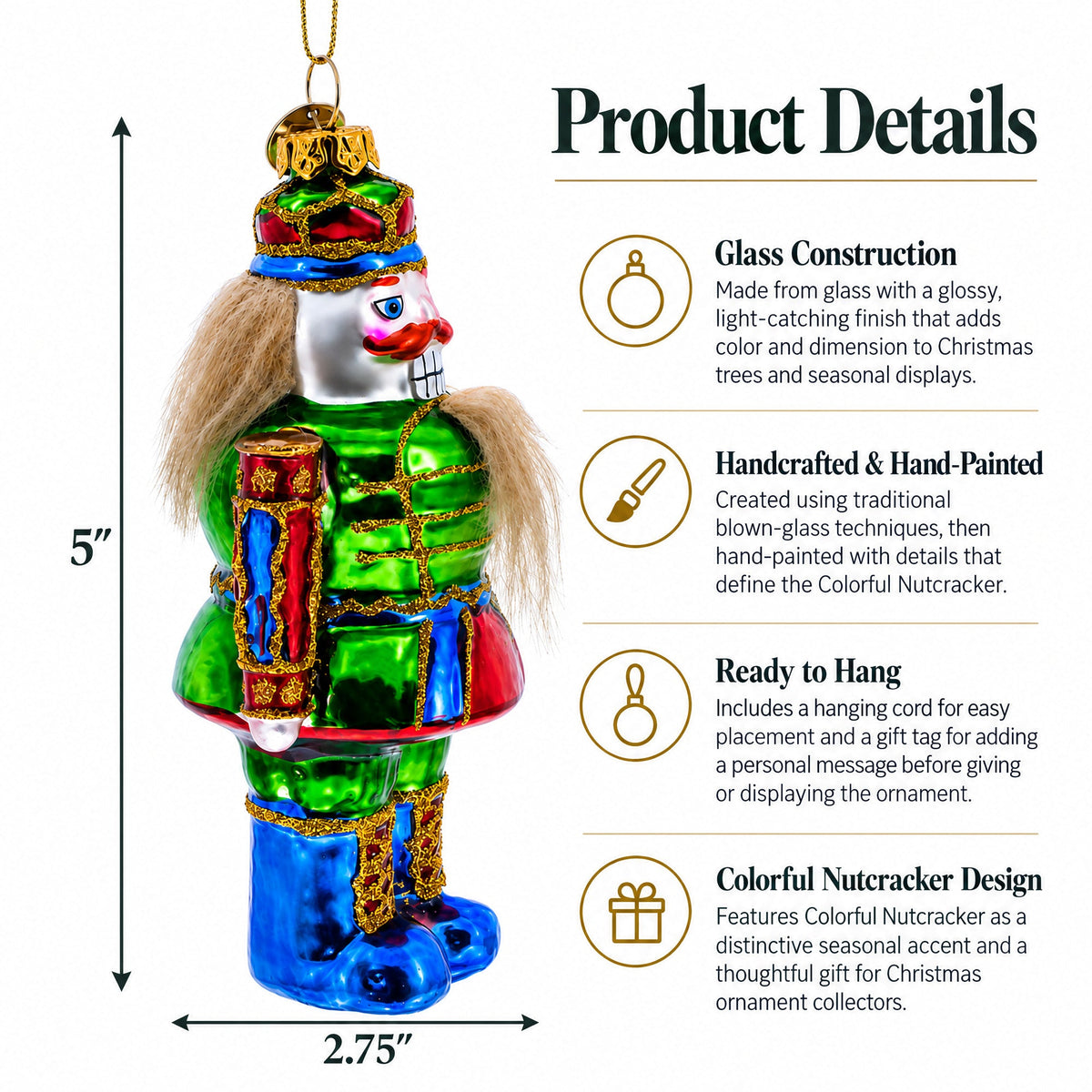 Colorful Nutcracker Glass Christmas Ornament