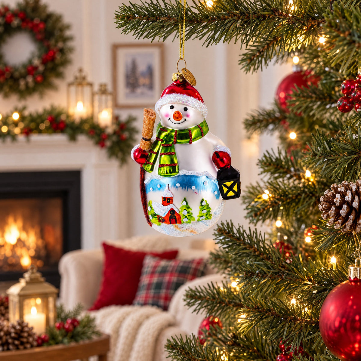 Snowman Holding Broom and Lantern Glass Christmas Ornament