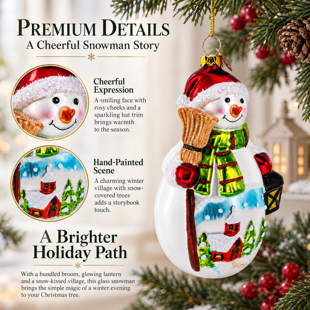 Snowman Holding Broom and Lantern Glass Christmas Ornament