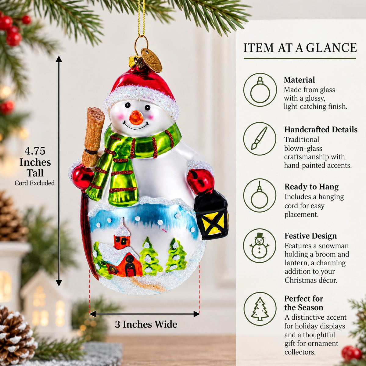 Snowman Holding Broom and Lantern Glass Christmas Ornament