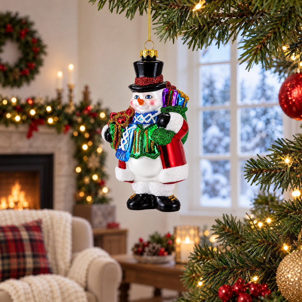 Snowman with Black Hat Glass Christmas Ornament