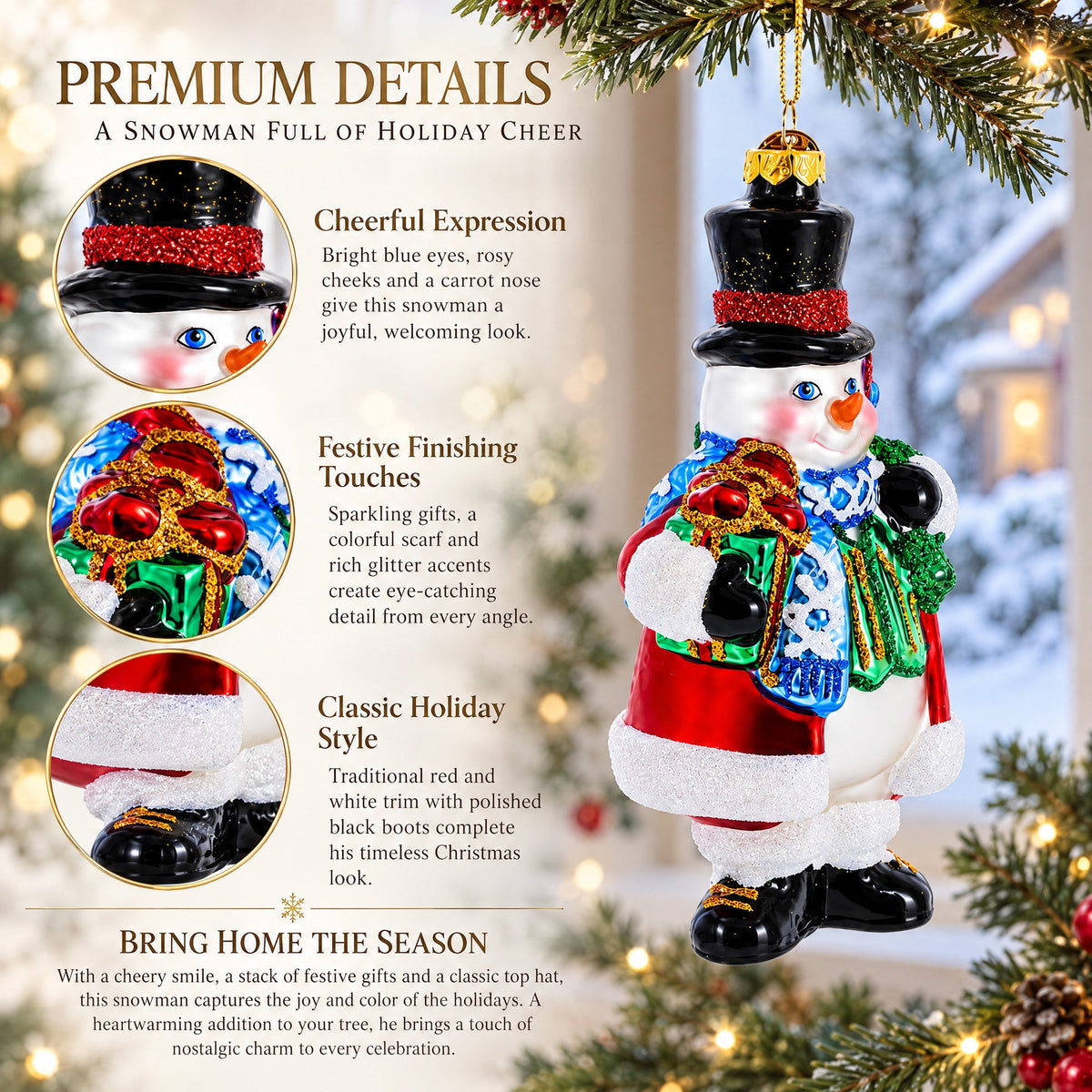 Snowman with Black Hat Glass Christmas Ornament