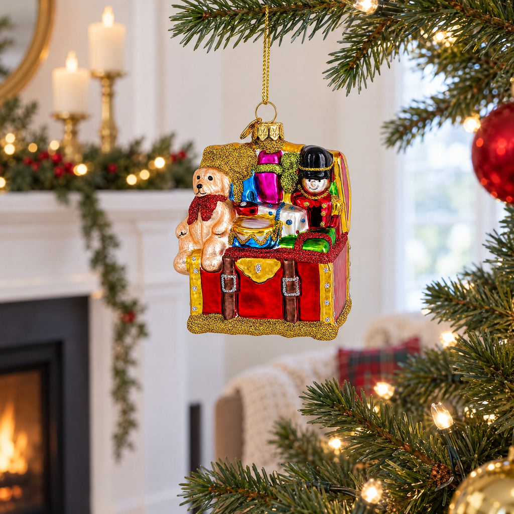 Teddy Bear, Nutcracker, and Gift Chest Glass Christmas Ornament
