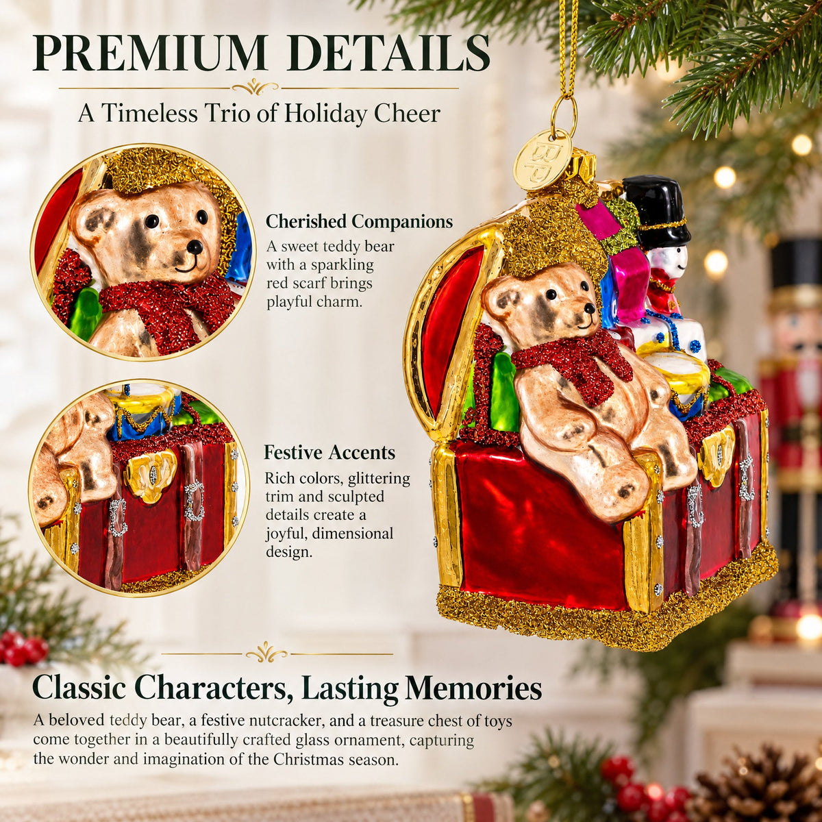 Teddy Bear, Nutcracker, and Gift Chest Glass Christmas Ornament