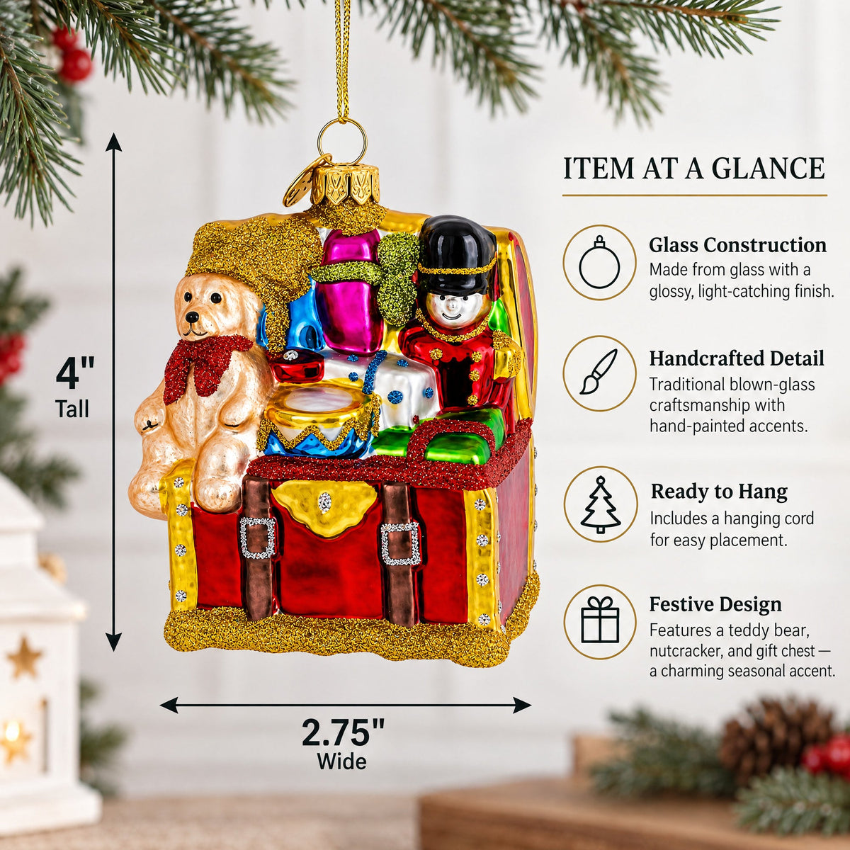 Teddy Bear, Nutcracker, and Gift Chest Glass Christmas Ornament