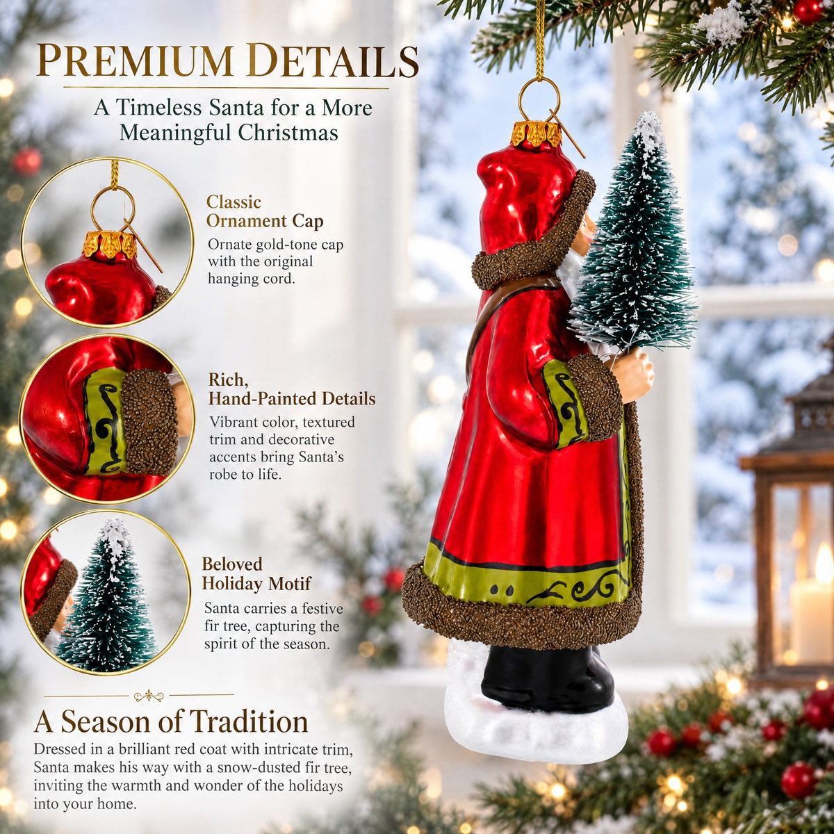 Santa with Fir Tree Glass Christmas Ornament