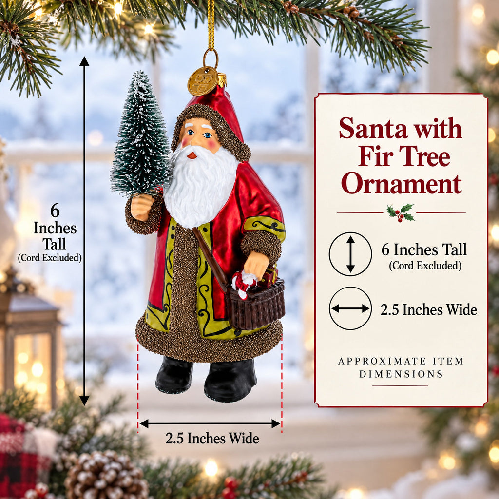Santa with Fir Tree Glass Christmas Ornament