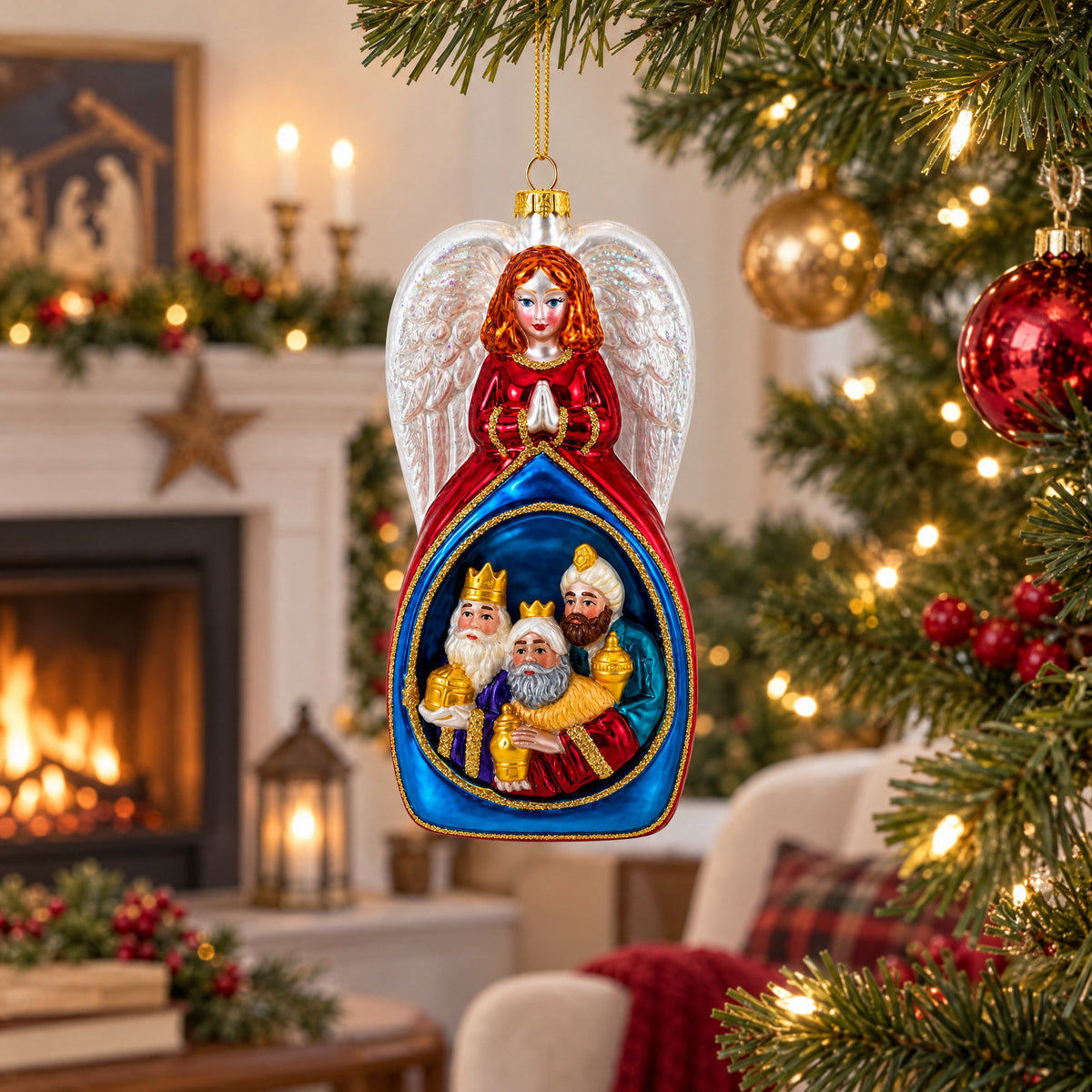 Angel with Three Wise Men Glass Christmas Ornament