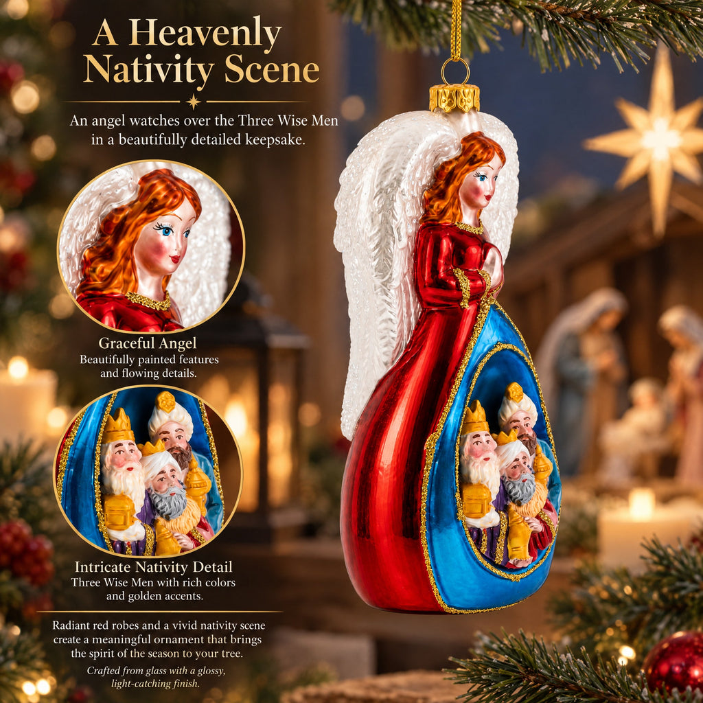 Angel with Three Wise Men Glass Christmas Ornament