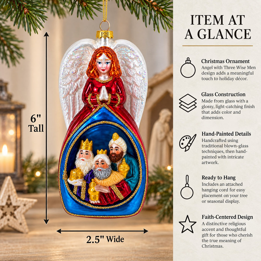 Angel with Three Wise Men Glass Christmas Ornament