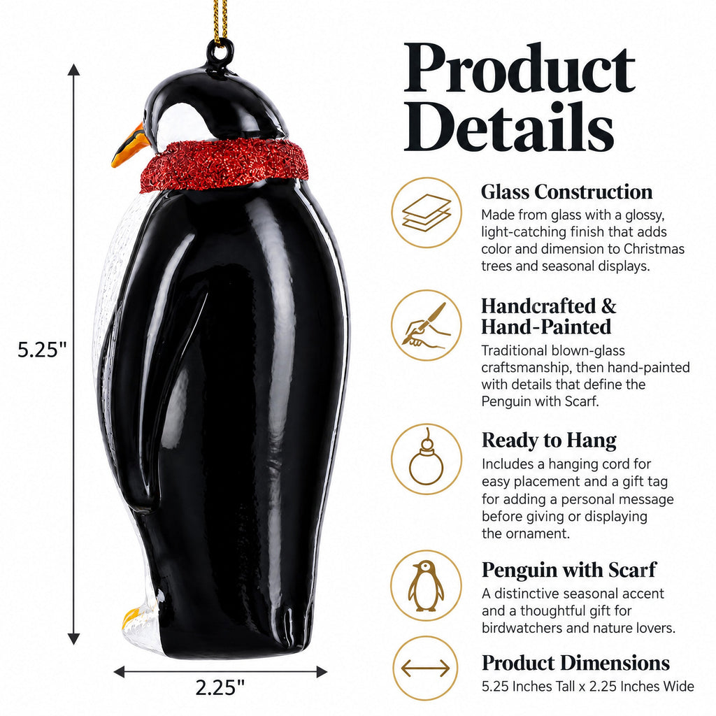 Penguin with Scarf Glass Christmas Ornament