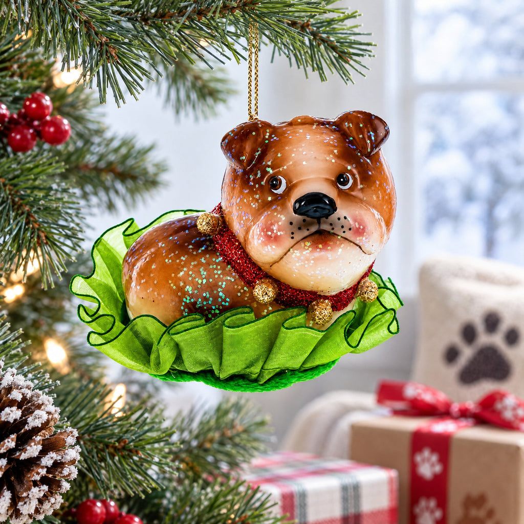 Bulldog Pup Glass Christmas Ornament