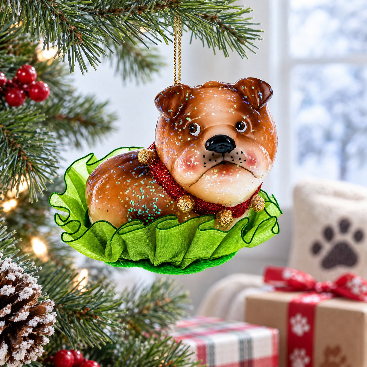 Bulldog Pup Glass Christmas Ornament