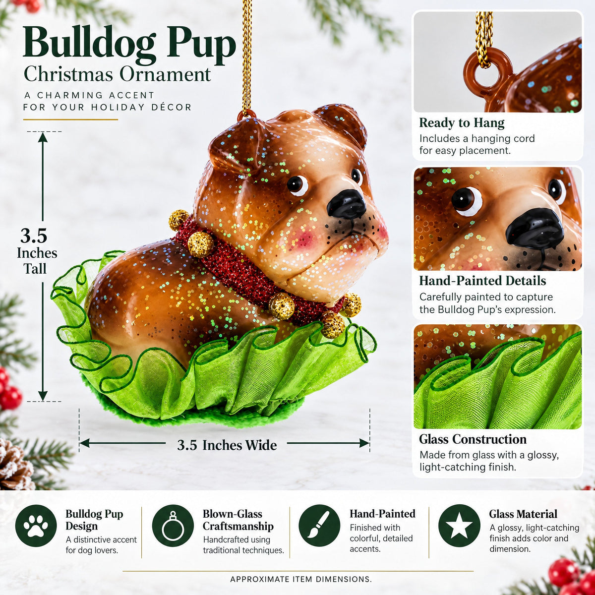 Bulldog Pup Glass Christmas Ornament
