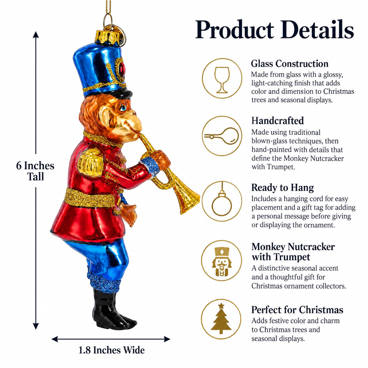 Monkey Nutcracker with Trumpet Glass Christmas Ornament