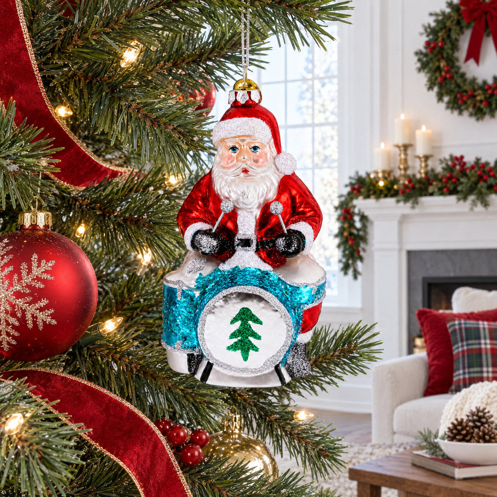 Santa Playing Drums Glass Christmas Ornament