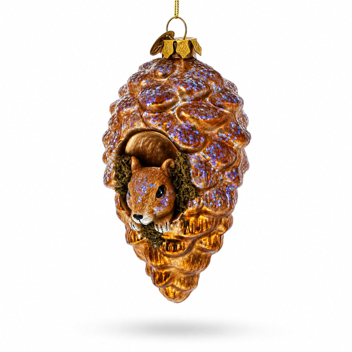 Squirrel Nestled in Pine Cone Glass Christmas Ornament