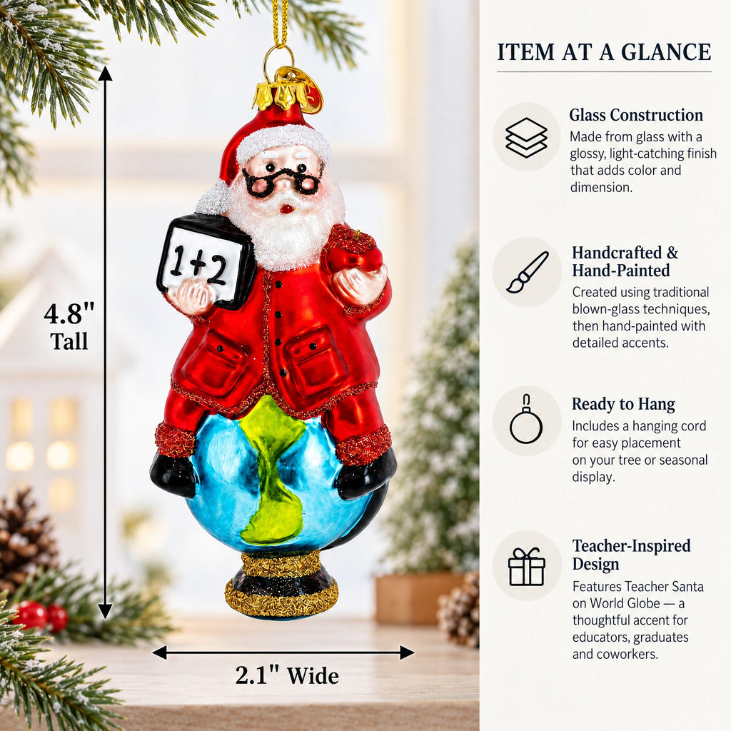 Teacher Santa on World Globe Glass Christmas Ornament