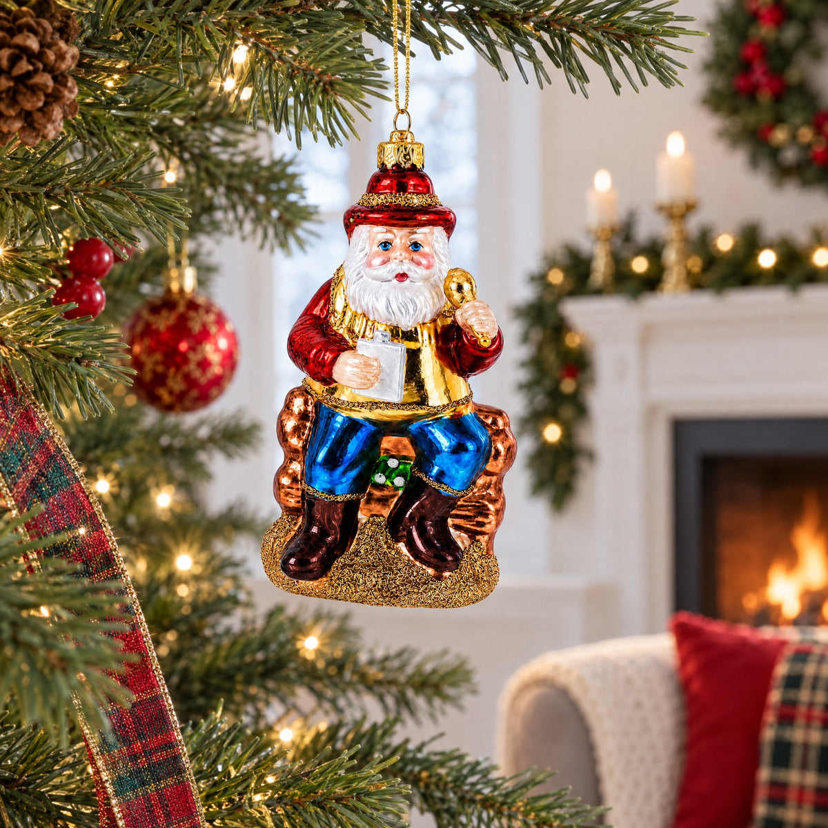 Cowboy Santa with Drink and Drumstick Glass Christmas Ornament