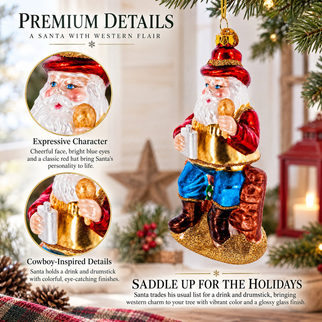Cowboy Santa with Drink and Drumstick Glass Christmas Ornament