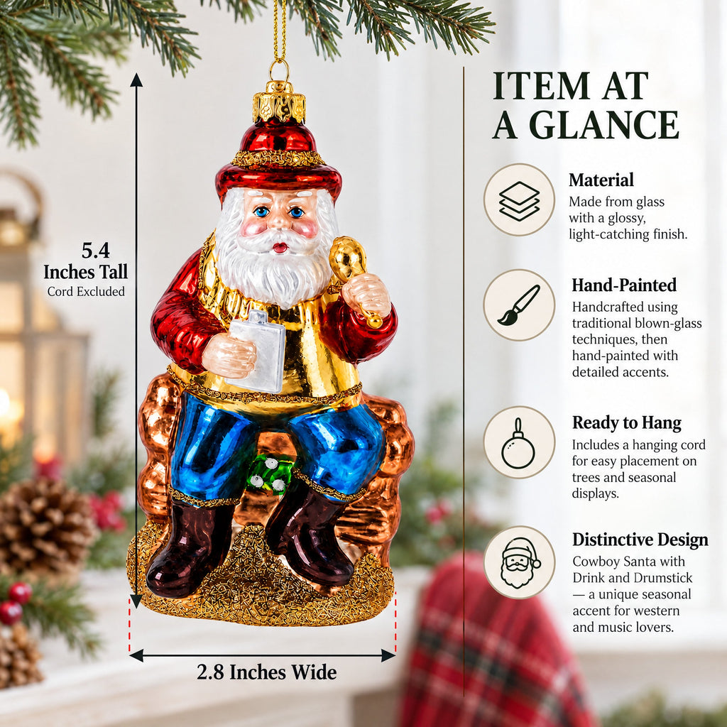 Cowboy Santa with Drink and Drumstick Glass Christmas Ornament