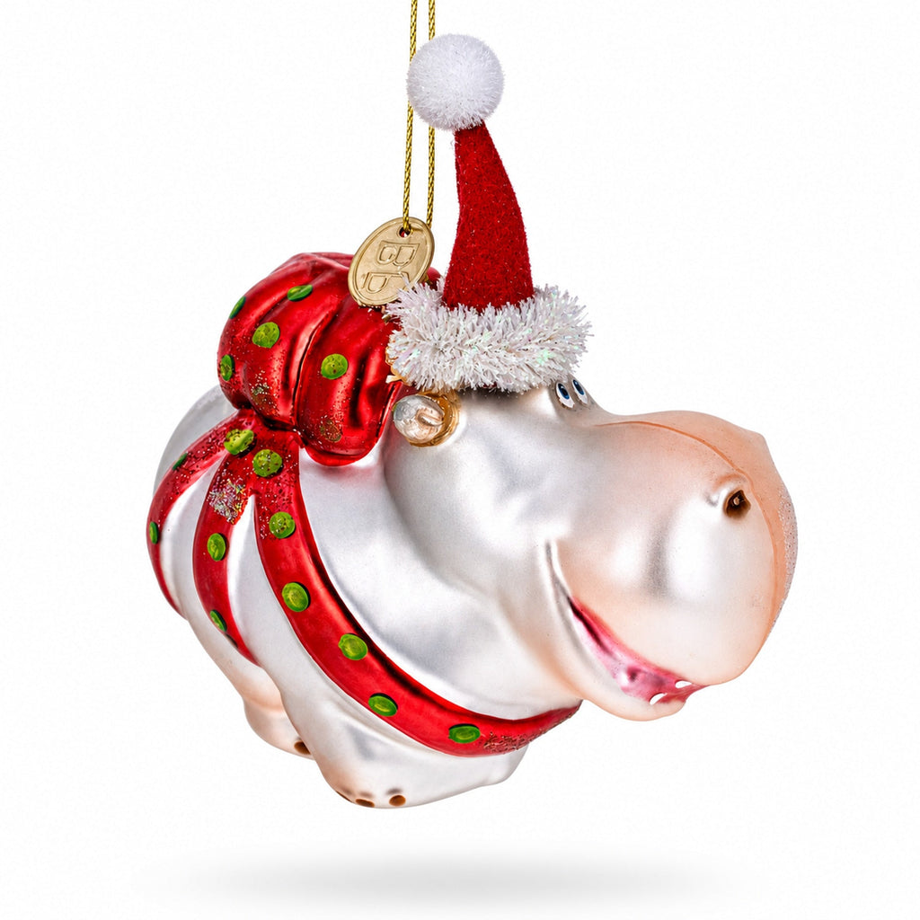 Hippo in Santa Hat Glass Christmas Ornament