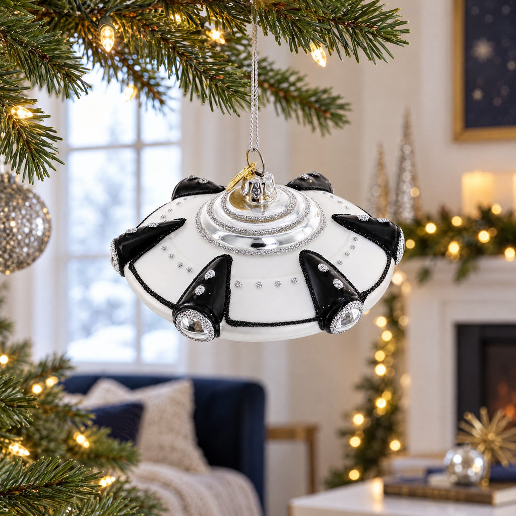 Intriguing UFO/ Alien Spaceship Glass Christmas Ornament
